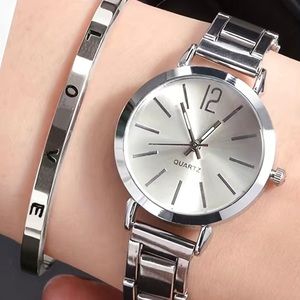 Minimalist Round Pointer Quartz Watch & LOVE Engraved Bracelet